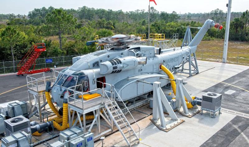 CH-53K helicopter powers up and spins rotor heads